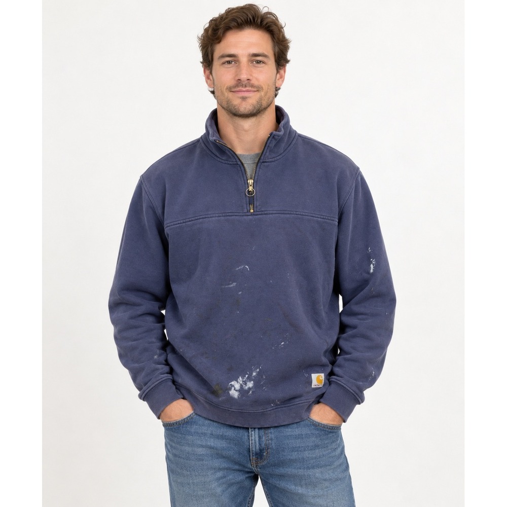 Carhartt Mens XL Quarter Zip Sweatshirt Navy Blue Distressed Paint Splatter
